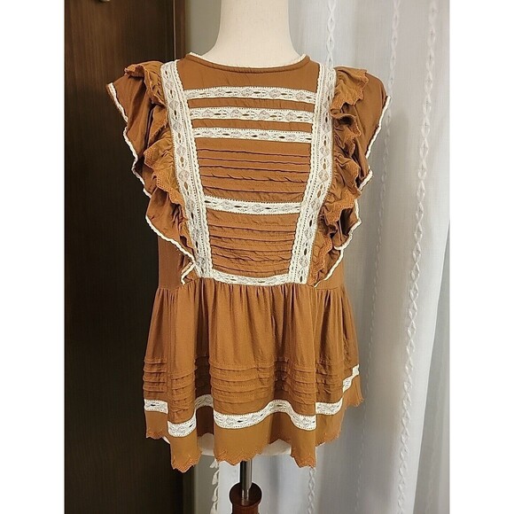 Bohme Brown White Crochet Lace Accents Boho Hippie Ruffle Peasant‎ Small - Picture 2 of 8